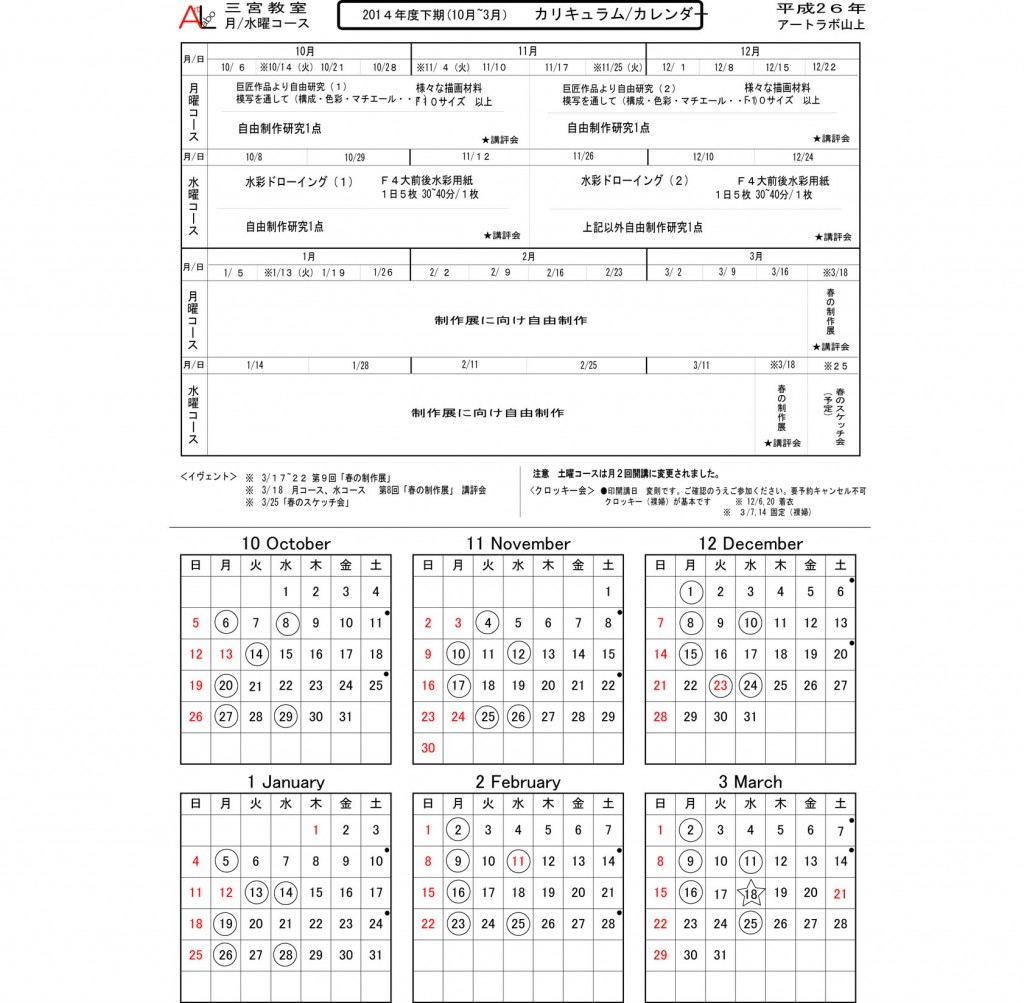 2014年度下期カリキュラム（月、水コース）